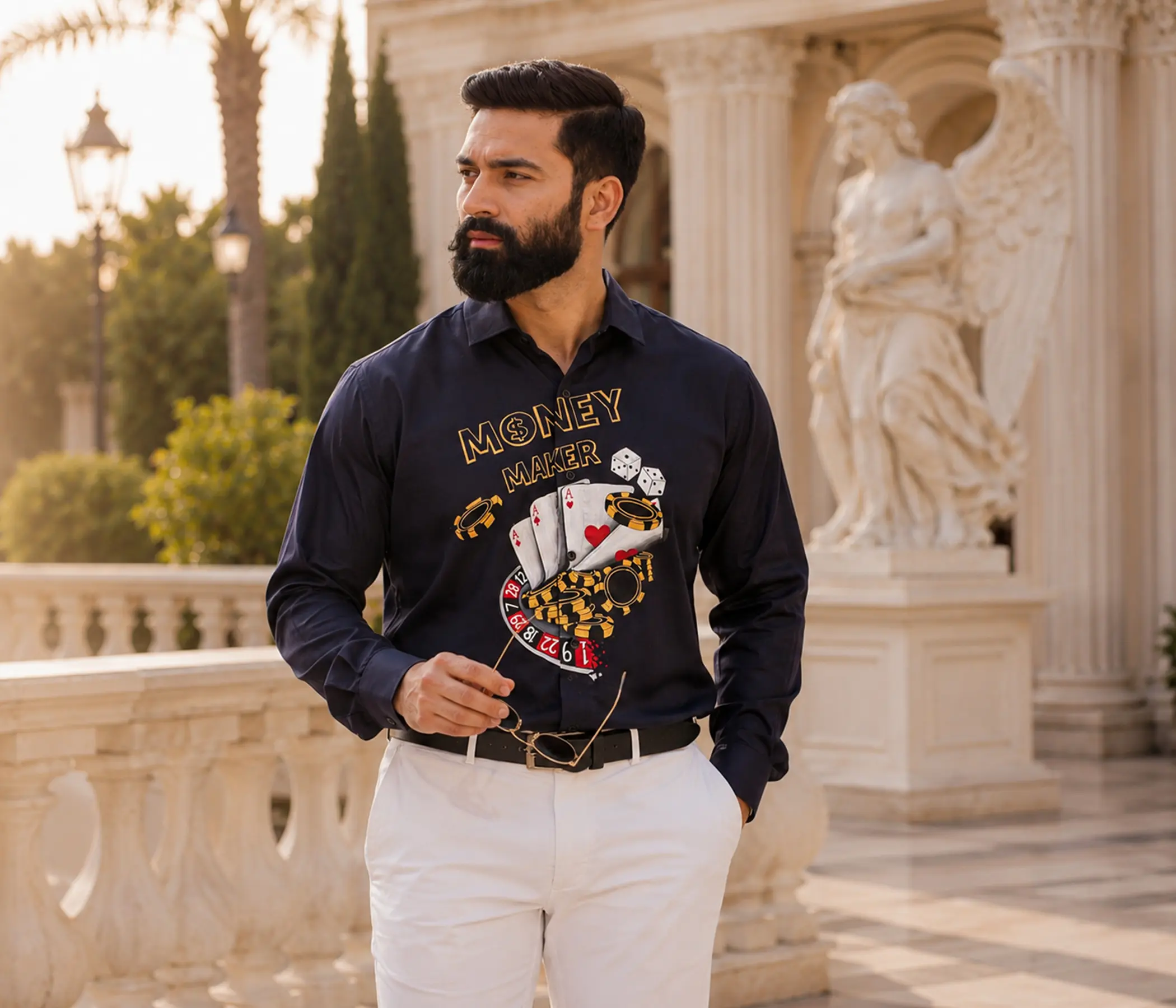 Navy Blue Hand-Painted Money Maker Shirt for Perfect Mens Collection
